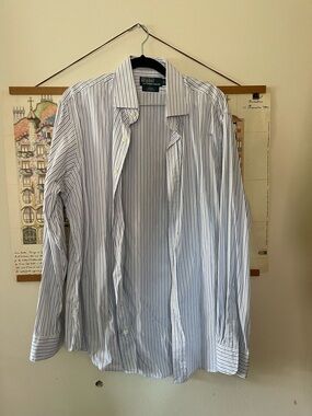 Vintage Ralph Lauren Men's Light Blue and White Striped Dress Shirt